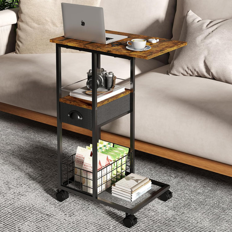 C Shaped Sofa Side Table: Couch End Table With Drawer - Bedside Table With Wheels - 19.7''L X 11.8''W X 28''H - C Mobile Tables With Storage Basket For Living Room Bedroom