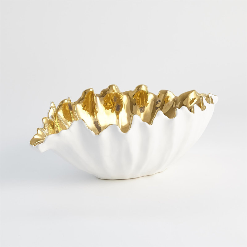 Organic Wave Oval Bowl-White-Lg, 5.75" H x 18.50" W x 10.50" D, White/Gold