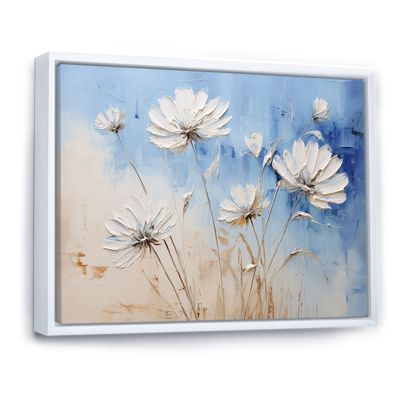 «Minimal Beige and Blue Cornflowers Expression I», impressions d'art mural, H 16 po x l 32 po x P 1 po, Cadre flottant blanc