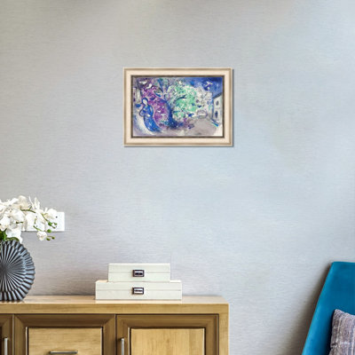 Tableau encadré sur toile « Femme aux oiseaux » de Marc Chagall, impression giclée, peinture onirique, romantique et surréaliste, décoration moderne (Chêne blanc et gris minéral, 61 x 86 cm)