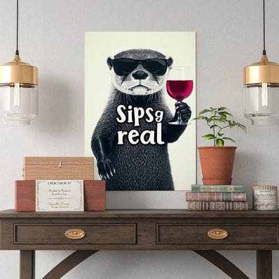 Canvas Wall Art Otter Drinking Red Wine 1-1 Vintage Poster Print Home Decor
