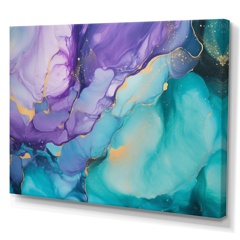 Art mural sur toile turquoise et mauve liquide III - Fractals, H 24 po x l 32 po x P 1 po, Toile tendue