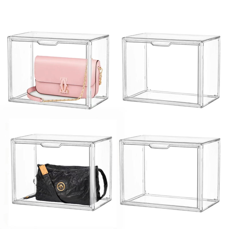 Bacs de rangement transparents empilables en plastique avec couvercle d'attraction magnétique, vitrine en acrylique pour cosmétiques, grandes figurines de collection (paquet de 4, très grand)