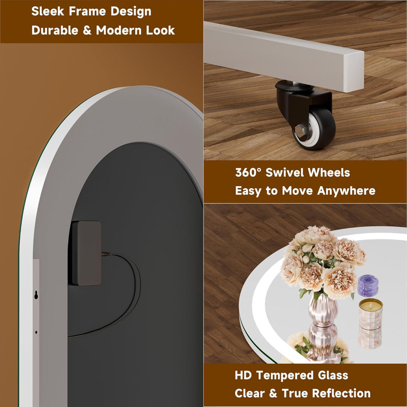 Home Gym Arched LED Mirror 360° Swivel on Wheels with Lights,Extra Large Full Body Rolling Mirror, Tempered Glass Easy to Move Full Length Mirror for Yoga Studio, Bedroom, Dancing Studio 3-Year Warranty