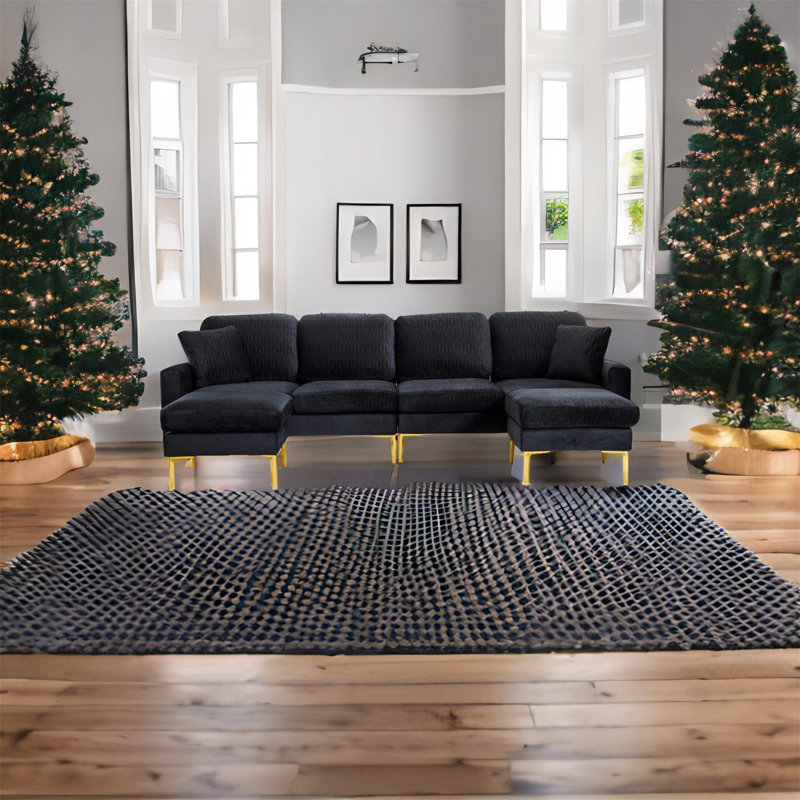 Pashion Velvet U-Shaped Sectional Reversible, Black Velvet