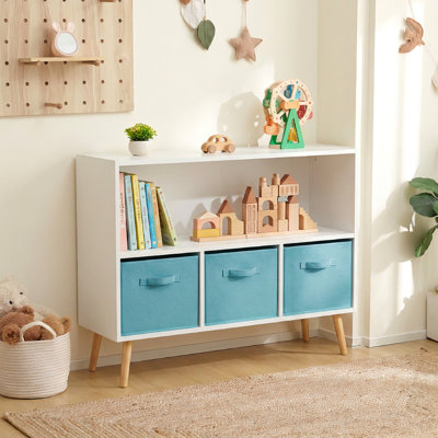 Meuble de rangement pour enfants avec 3 tiroirs pliables en tissu, tablette ouverte pour ranger les jouets, style bibliothèque/rangement pour enfants, idéal pour la salle de jeux, la chambre ou la chambre d'enfant.