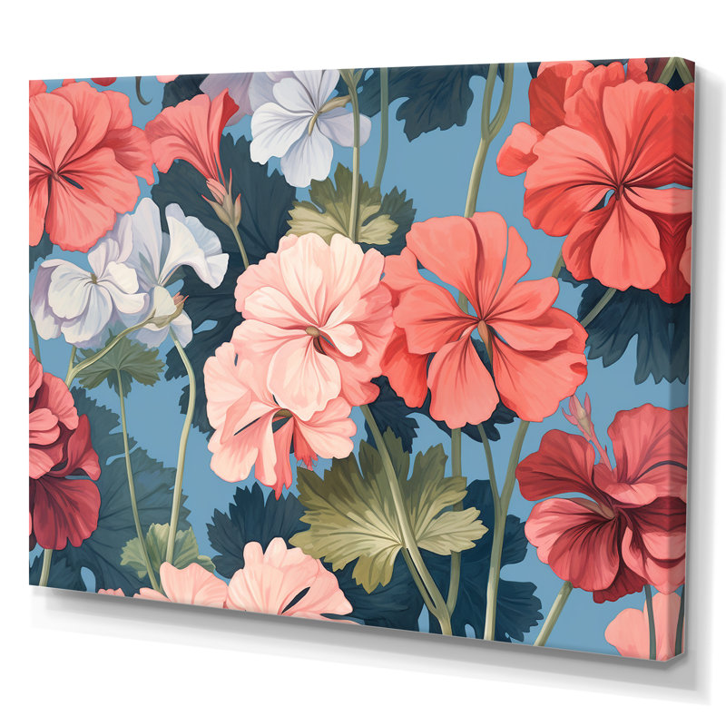 «Coral Blue Geraniums Flower Euphony», reproduction sur toile, Toile tendue, H 12 po x l 20 po x P 1 po