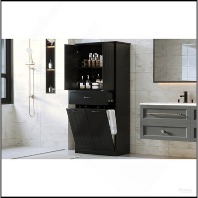 Bathroom Storage Cabinet With Two Laundry Baskets, Storage Cabinet With Doors And Drawer For Home, Black