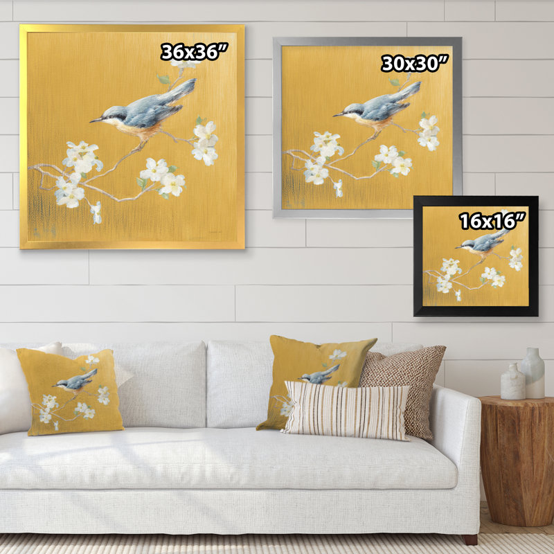 « gold oiseau on florals ii », reproduction d’image sur toile, H 16 po x l 16 po x P 1 po, Cadre doré