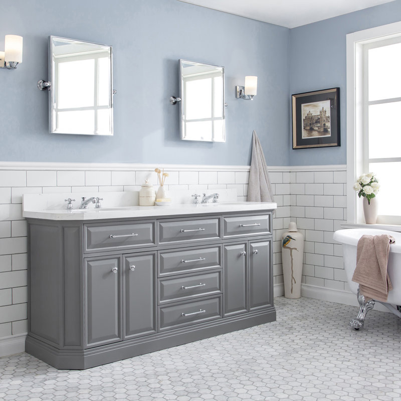 72" Palace Collection Quartz Carrara Cashmere Grey Bathroom Vanity Set With Hardware, Mirror in Chrome Finish, Cashmere Gray