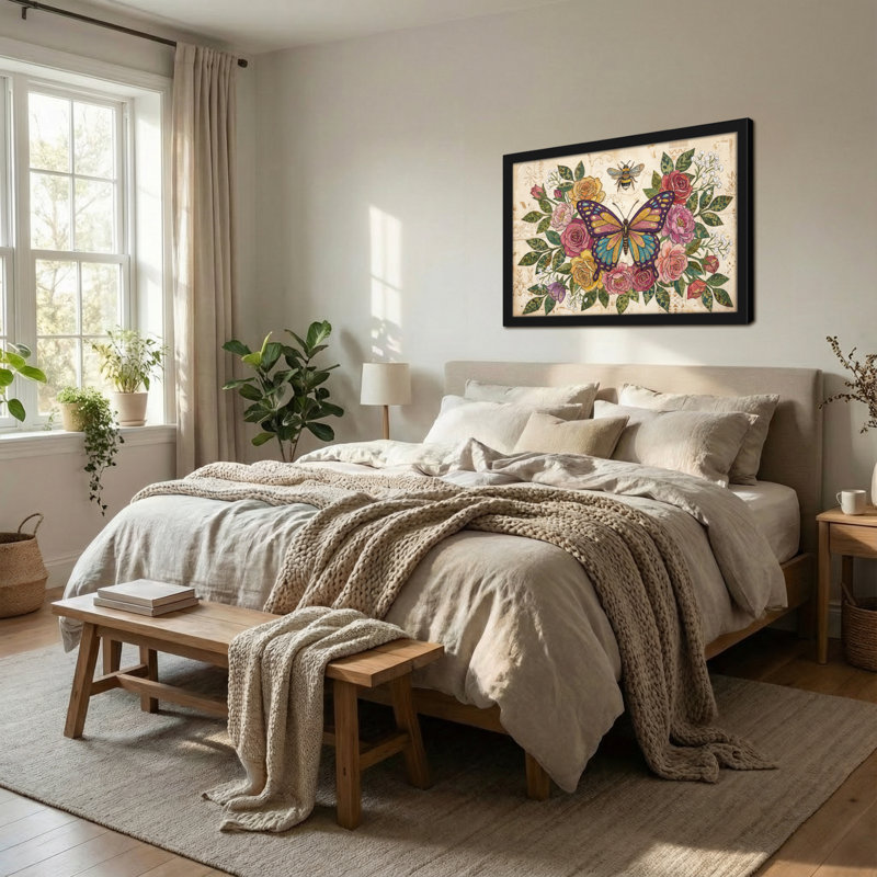 Reproduction d'art à motif animalier, papillon et rose, H 16 po x l 24 po
