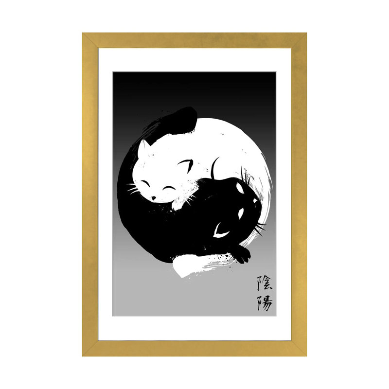 Yin Yang Cats, Papier avec cadre doré doré, Blanc, H 32 po x l 24 po x P 1 po