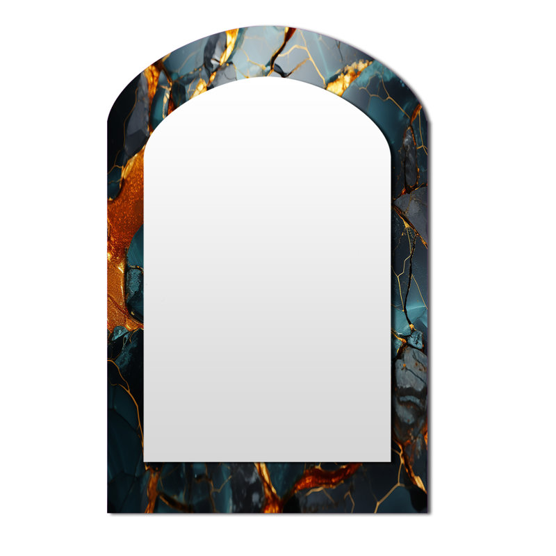 Or agate topaze dorée et verte granit VI - miroir décoratif à arche abstraite sur métal, 43 po x 33 po