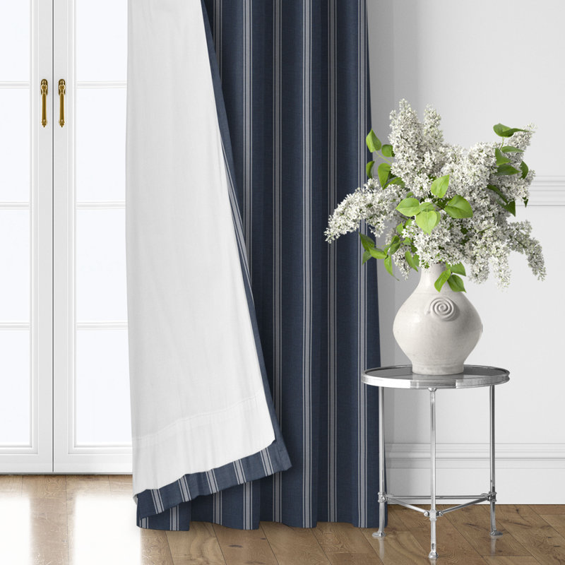 Shay Broad Ticking Stripe Dark Denim Cotton Pinch Pleat Drapery Panel Set of 2, 20" W x 132" L