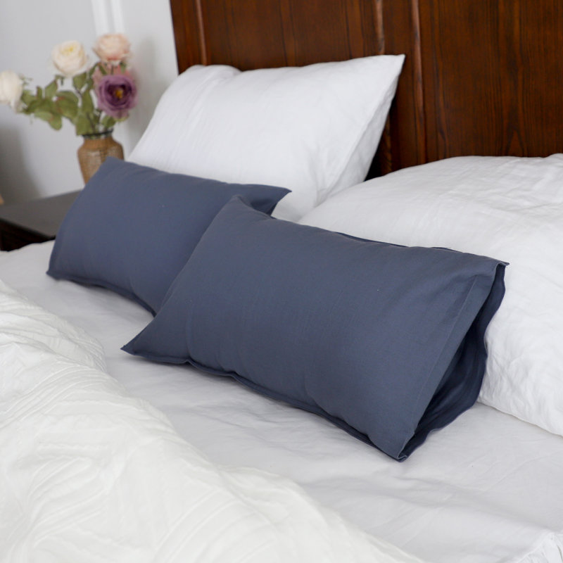 Linen Pillowcases 1 Pair Basic Style 55% Euro Linen 45% Cotton Blend Solid Color Flax Shams Set Of 2，12X20 Inch, Navy Blue