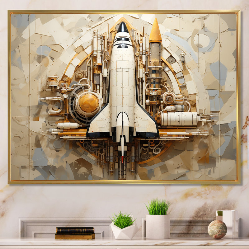 Navette spatiale rétro voyage cosmique, Cadre flottant doré, H 24 po x l 32 po x P 1 po