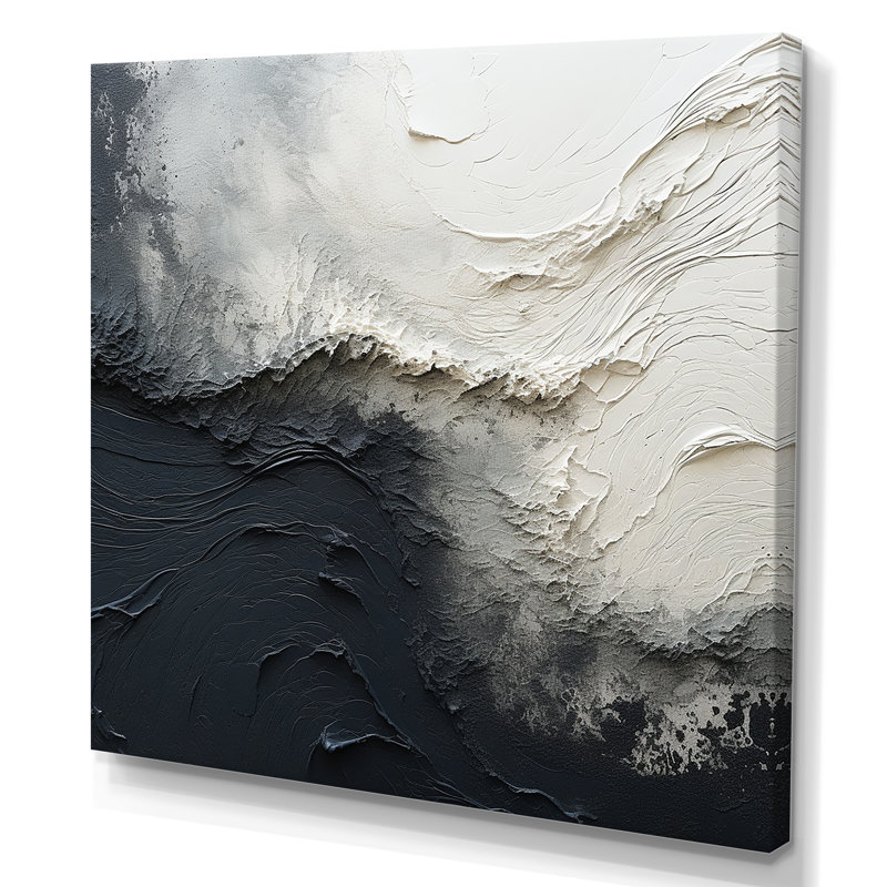 Minimalisme, peinture noire et blanche, vague I - art mural encadré bord de mer, Toile tendue, H 24 po x l 24 po x P 1 po
