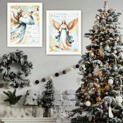 Élégant intérieur de maison avec 2 anges, art encadré en bois blanc, rehausse l'impression de votre salon sur papier