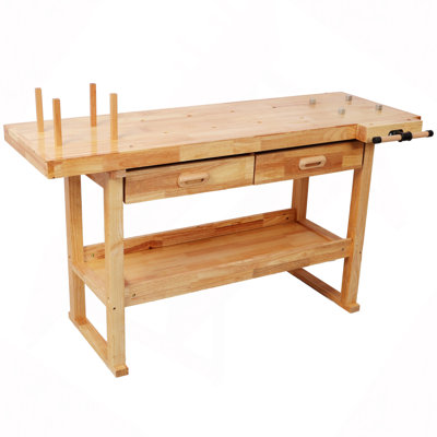 60" Professional Rubberwood Solid Wood Workbench-2 Drawers, Open Shelf, Natural Finish for Garage, Woodworking Carpenter Workshop & Home Use