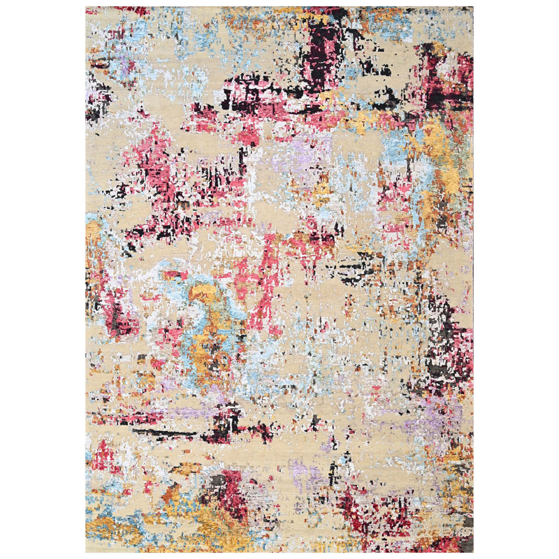 Tapis argenté et lilas noué à la main de haute qualité, Rectangle 6 pi x 9 pi