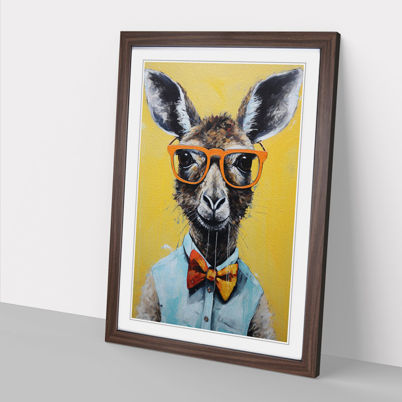 Kangaroo With Glasses - Single Picture Frame Print on Wood, 34cm H x 25cm W x 2cm D, Walnut