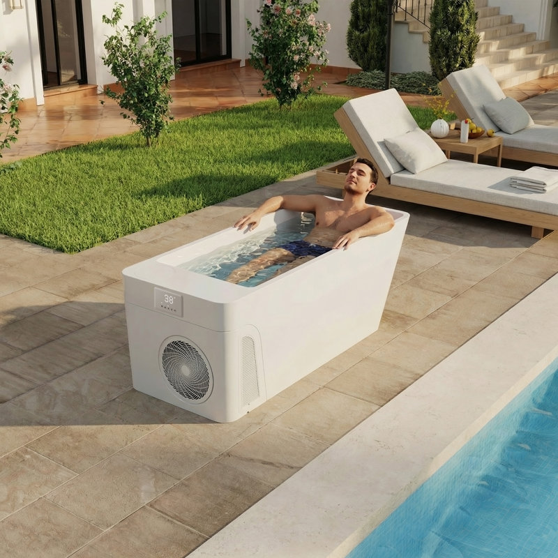 Baignoire à balnéo tout-en-un CASAINC trapézoïdale de grande capacité (473 litres) avec système de refroidissement et de chauffage intégré, idéale pour la récupération et la thérapie musculaire, à utiliser à l'intérieur ou à l'extérieur.