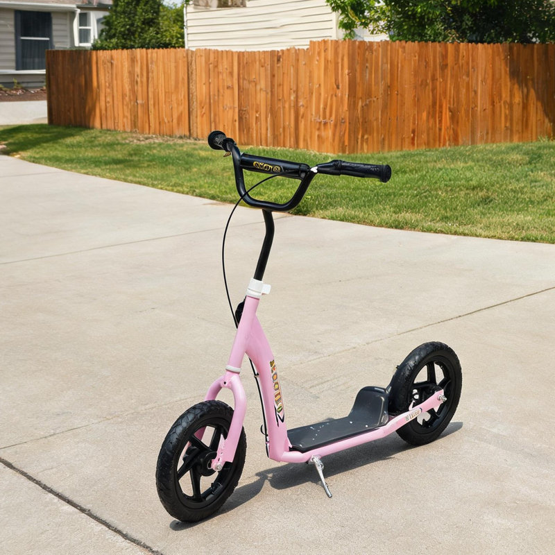 Trottinette à hauteur réglable pour enfants, structure en acier, roues de 12 pouces, finition rose, 5 à 12 ans