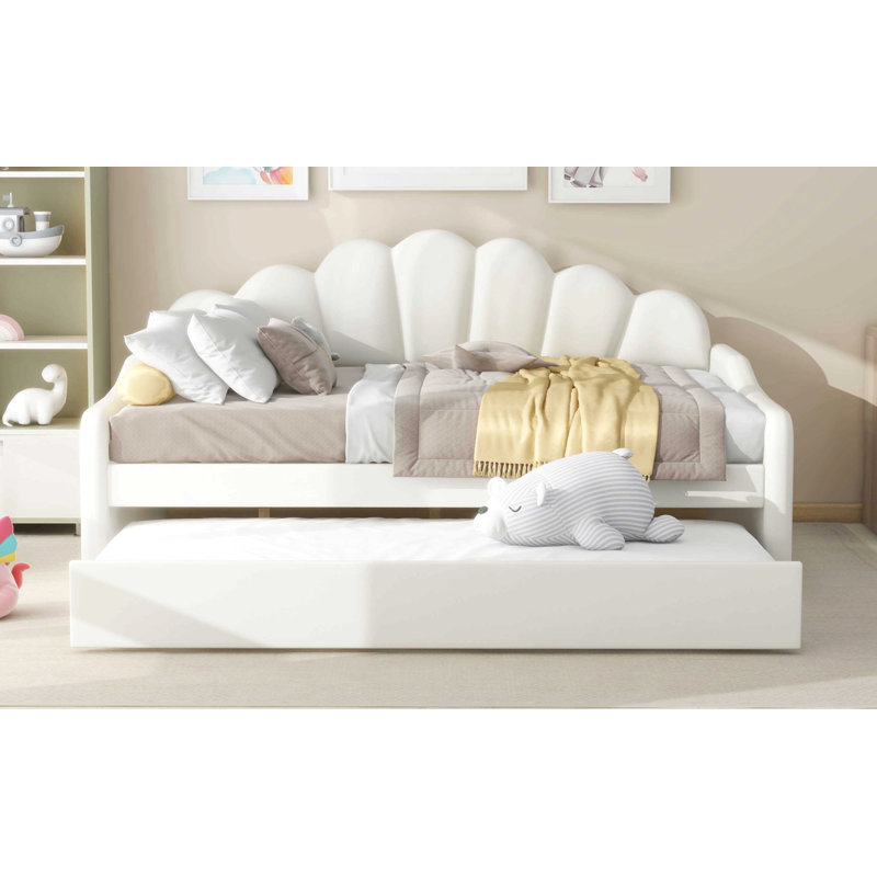Full Size Upholstery Daybed Frame With Shall Shaped Backrest  And Trundle, White