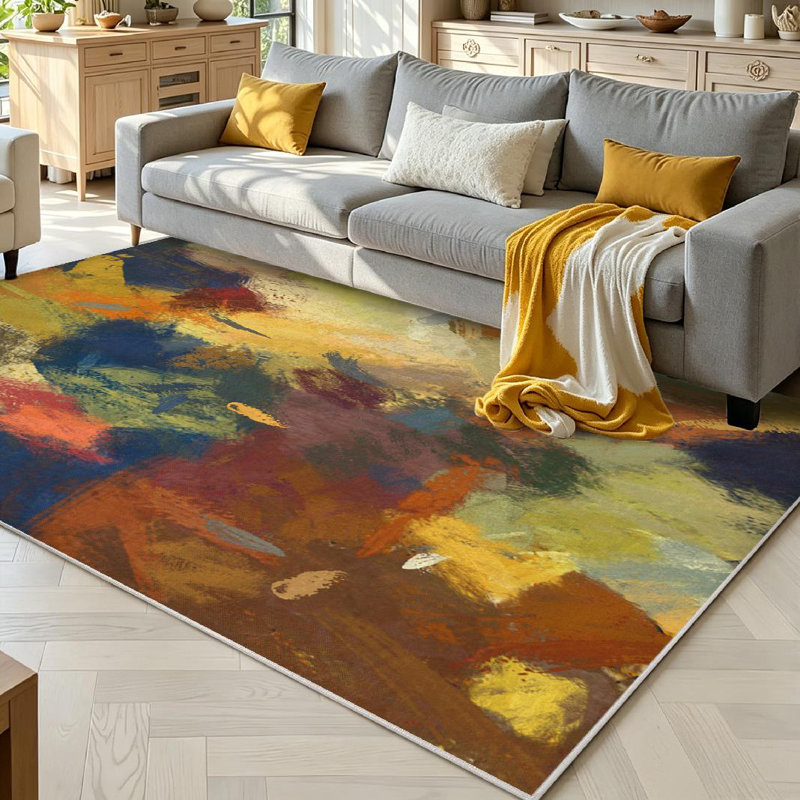 Brown Art Abstract Colors Orange Green Blue Painting Surface Machine Washable Indoor Area Rug, Rectangle 71" x 98"