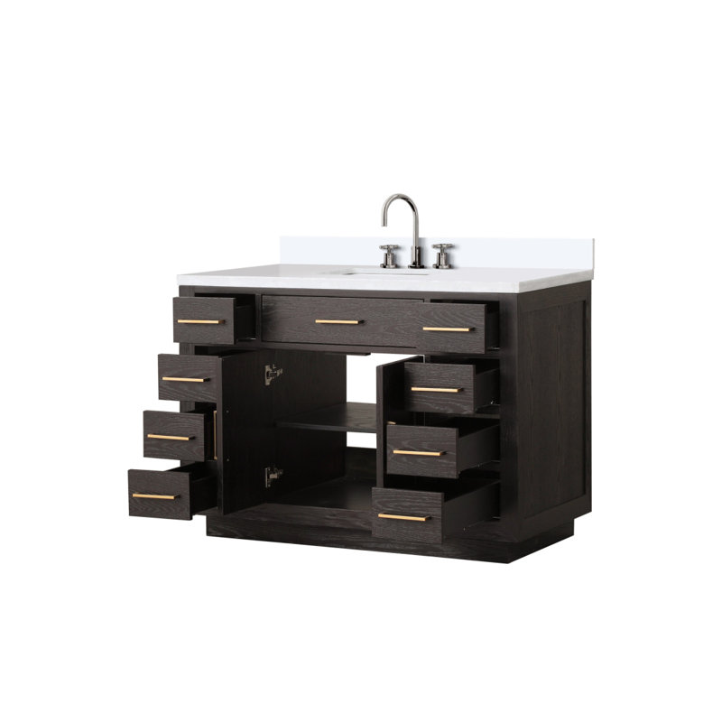 Meuble-lavabo simple en chêne brun 48 po X P 22 po D, dessus en quartz blanc et ensemble de robinet, Chêne brun