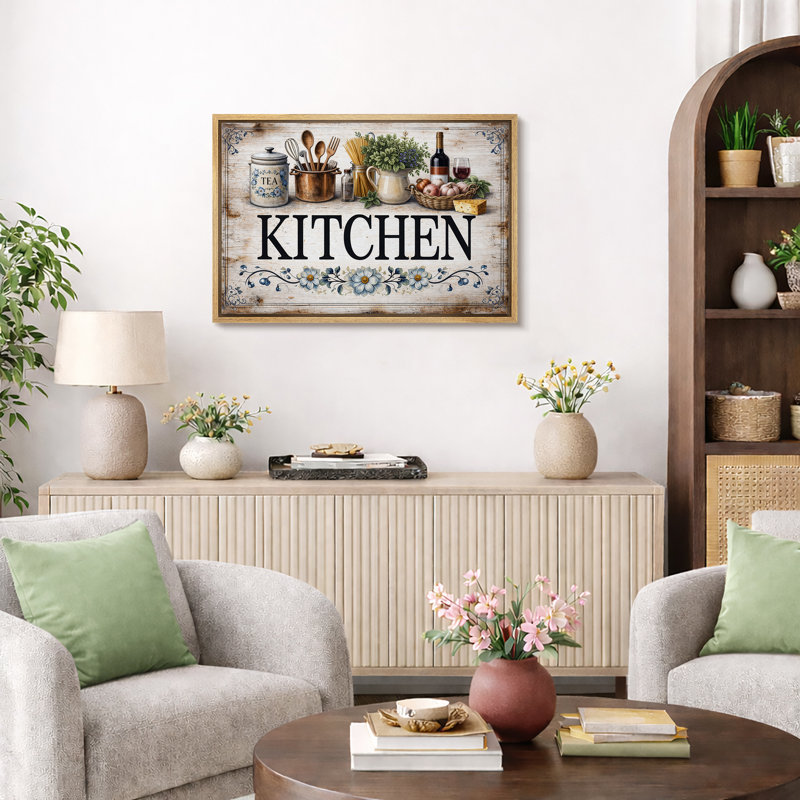 Kitchen Sign Artwork Vintage Kitchen Pictures Framed Canvas Giclee Print Wall Art, 24" H x 36" W x 1.5" D, Natural Frame
