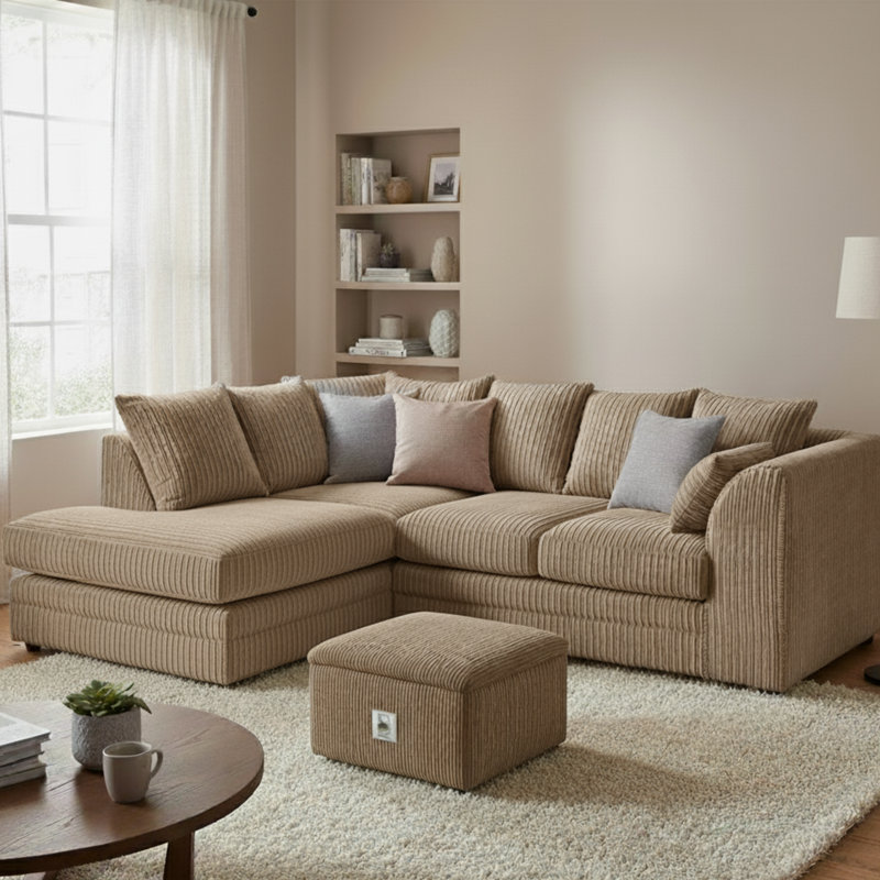 Jumbo Cord Upholstered Corner Sofa Small Back Cushion with Foot Stool , Left Hand Facing, Beige