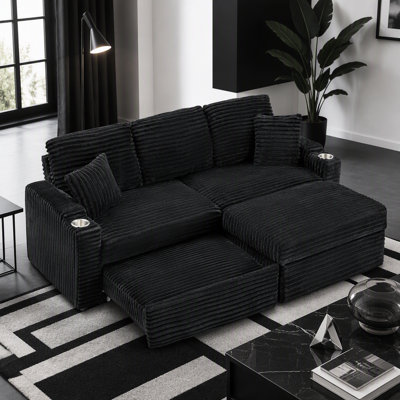 Canapé pliant 80 po deux-en-un de 80 pouces avec fonction cachée, revêtement en velours côtelé, porte-gobelet intégré et coussin pour un salon adapté.