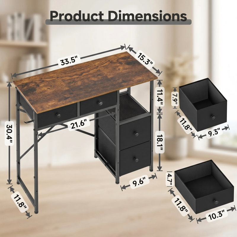 Bureau d'ordinateur compact avec 4 tiroirs en tissu, table d'écriture simple pour bureaux à domicile ou zones d'étude pour enfants, brun rustique