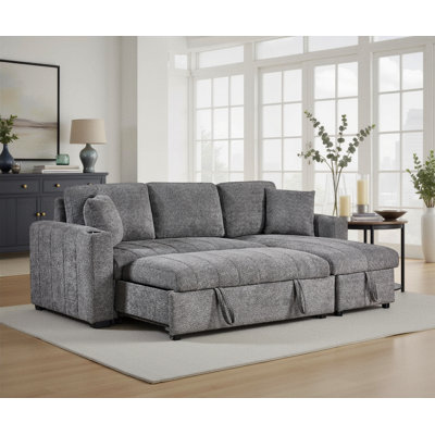 Sleeper Sectional Sofa 96" Boucle Gray with Storage Chaise, Cup Holders, USB Ports