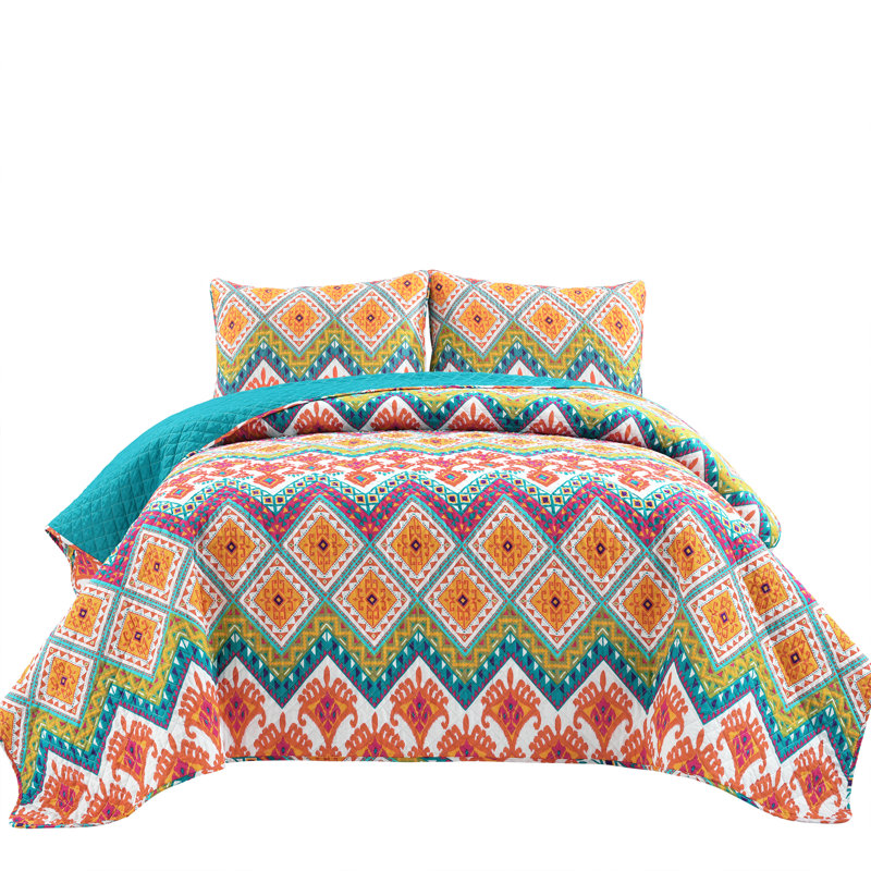 Boho Turquoise/Orange/Purple Standard Cotton Reversible 3 Piece Quilt Set, Full/Queen Quilt + 2 Shams