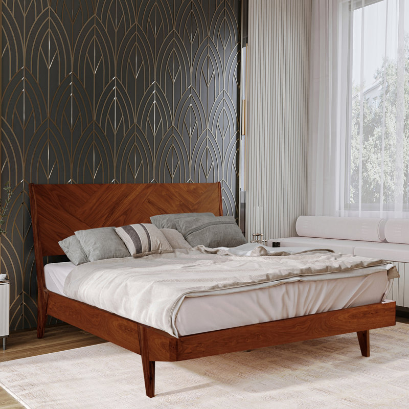 Gazelle Solid Wood Bed Frame with Artistic Patterned Headboard, King, Walnut 02