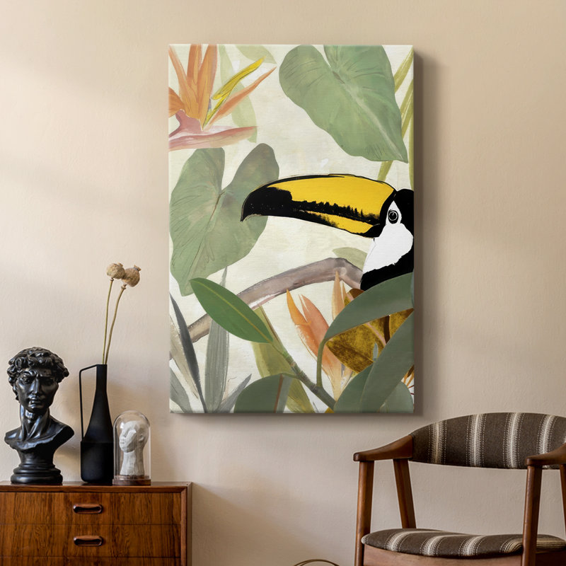 Perroquet dans les feuilles I - galerie Cavas sur mesure, H 18 po x l 12 po