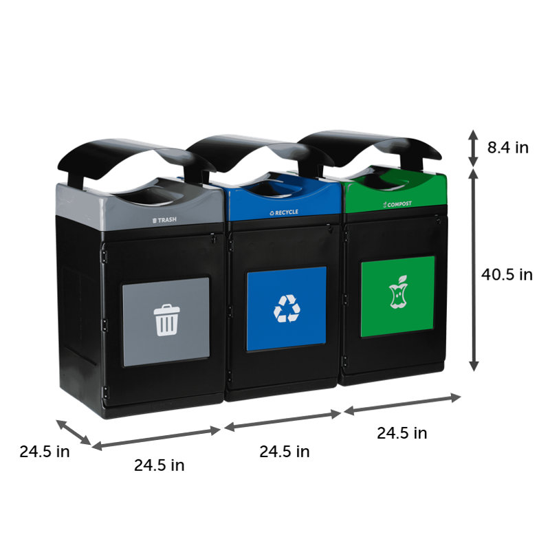 Poubelle à 3 jets, zone de recyclage et de compostage Commercial Zone Avante, unités étroites de 3 à 30 gallons avec couvercles d'auvent, doublures incluses