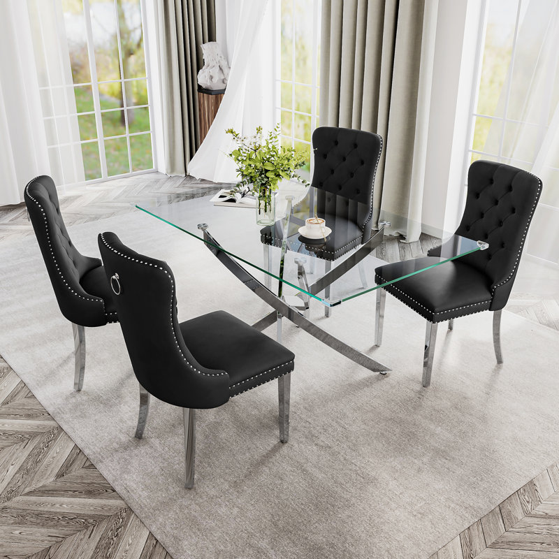 Modern Stainless Metal Base And Rectangle Glass Dining Table Set With Luxury Velvet Dining Chairs, Black/Silver, Silver