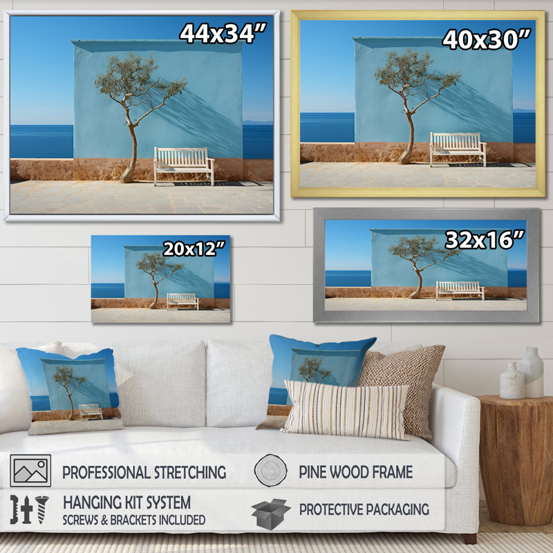 Arbre avec un banc, horizon de la Grèce - art mural nautique et plage, salon, H 30 po x l 40 po x P 1,5 po