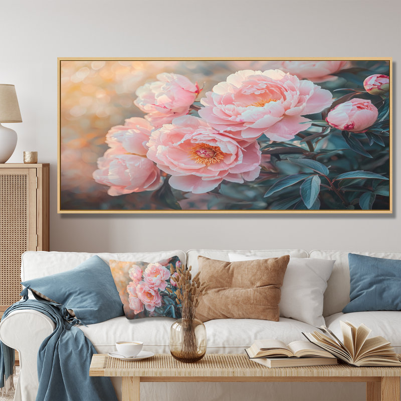 Pivoines par les fermes brise-vent - pivoines, art mural, H 28 po x l 60 po, Cadre flottant, Noir, noir, noir, noir
