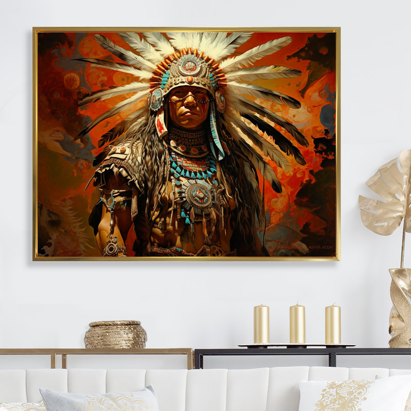Native Honor Traditional Warrior II sur toile, Cadre flottant doré, H 34 po x l 44 po x P 1,5 po