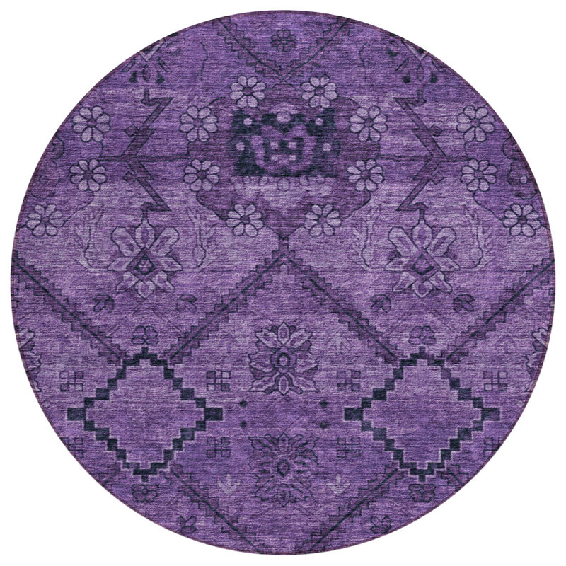 Tapis d'intérieur rond lavable floral mauve et prune 8 pi aubergine