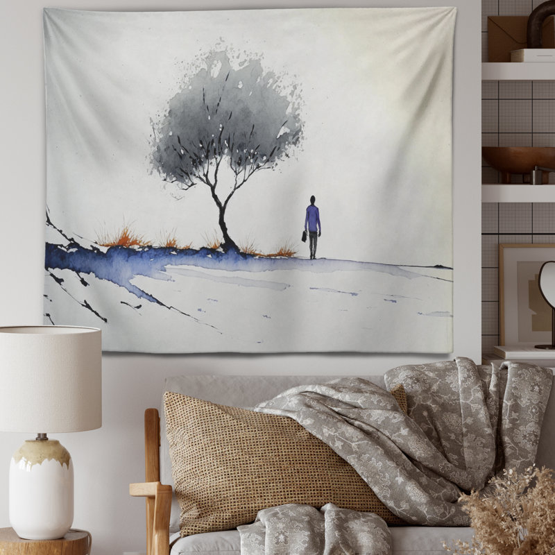 Polyester arbre gris en tapisserie Solitude aquarelle, H 32 po x l 39 po