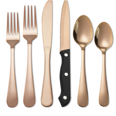24-Piece Rose Gold Flatware Set, Service For 4 Includes Dinner Knife, Fork, Spoon, Salad Fork, Teaspoon & Steak Knife