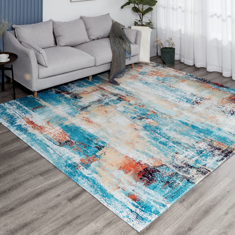 Abstract Area Rug in Blue, Rectangle 5'6" x 8'6"