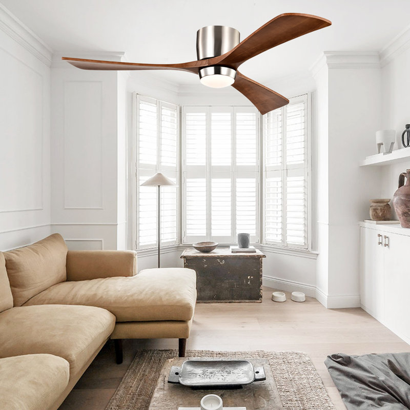 52" Modern Ceiling Fan with Lights and Remote, Quiet DC Motor, 3 Wood Blades (Stained Nickel + Walnut)