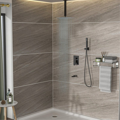 Système de douche avec bec de baignoire en cascade, système de douche carré à fixation au plafond de 16 pouces avec valve brute, bronze huilé