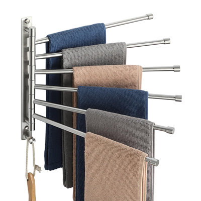 Towel Rack, SUS304 Stainless Steel 6 Arms Towel Bar, Space Saving Swing Out Towel Bar With Hook, Towel Racks Wall Mounted For Bathroom, Brushed Nickel